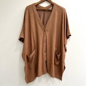 Susan Graver Camel Brown Button Front Oversized Poncho Shrug Cardigan Sweater LG